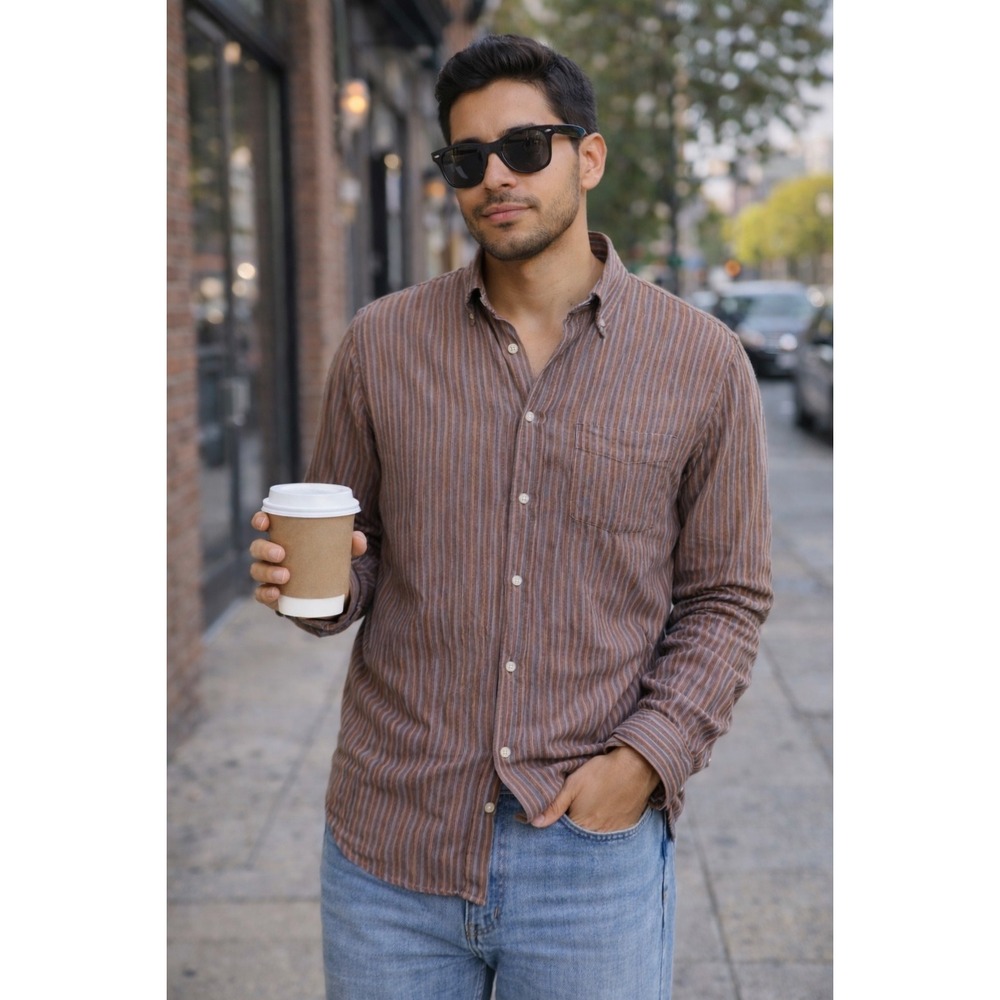 HUGO BOSS Striped Button Down Shirt Long Sleeve Mens L Brown Gray Cotton Blend